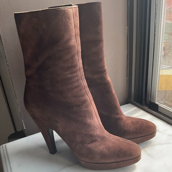 PRADA vintage Chocolate Brown Suede Platform above the Ankle Boots - Picture 1 of 8